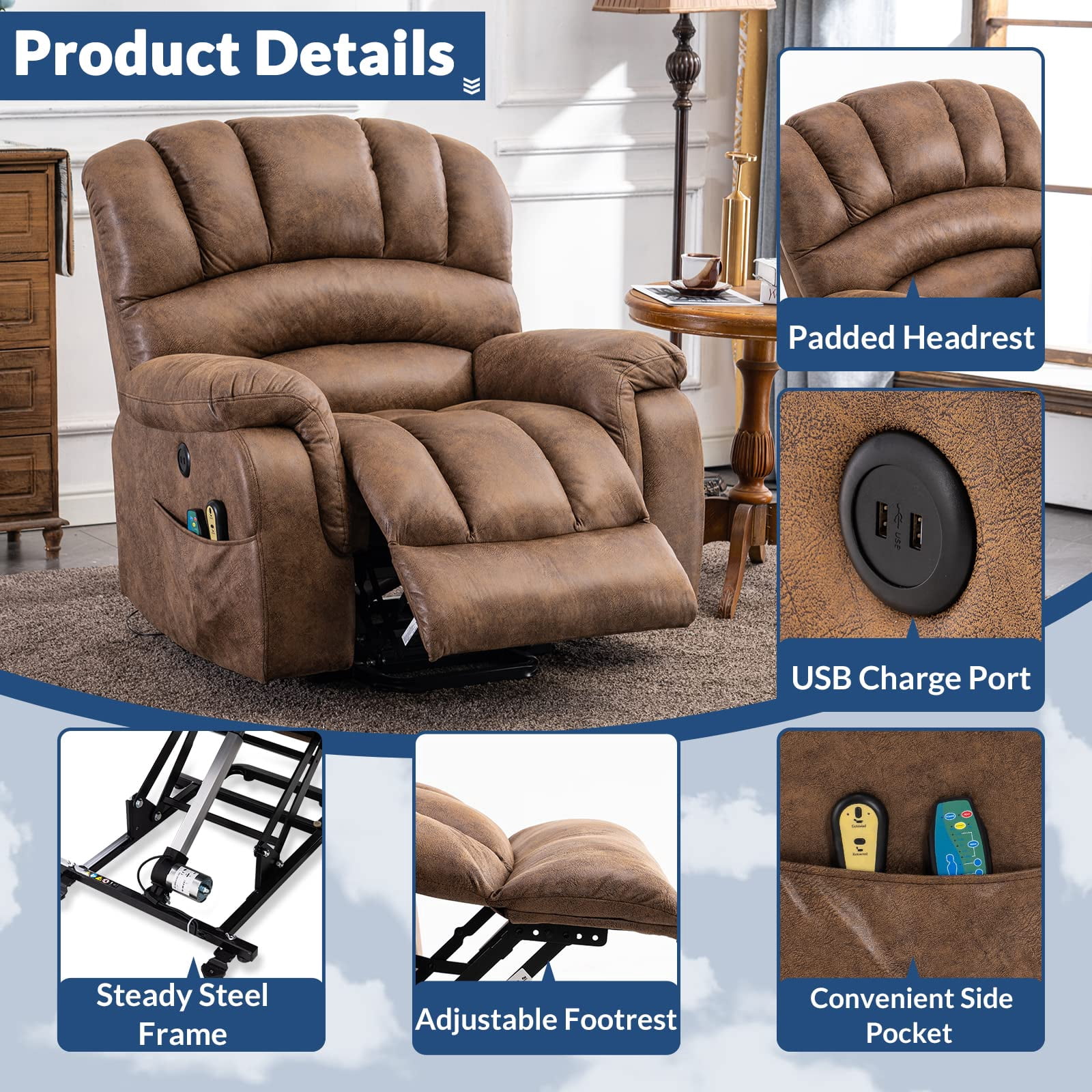 SOCIALCOMFY Large Power Electric Lift Recliner Chair for Elderly Big People, Heated Massage Motorized Reclining Sofa, Wide Recliners with 2 Remote Controls, Side Pockets & USB Ports, Brown