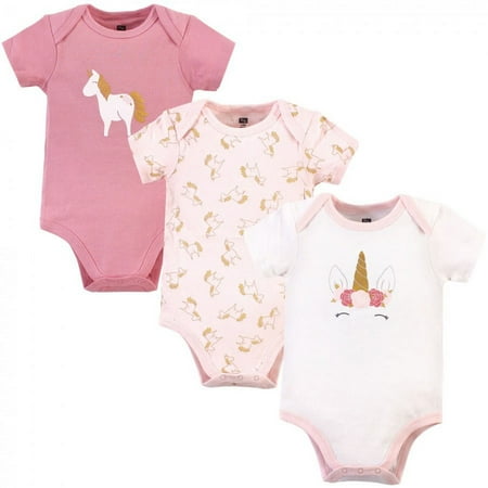 UPC: 0660168583717 | Hudson Baby Infant Girl Cotton Bodysuits 3pk  Gold Pink Unicorn  18-24 Months