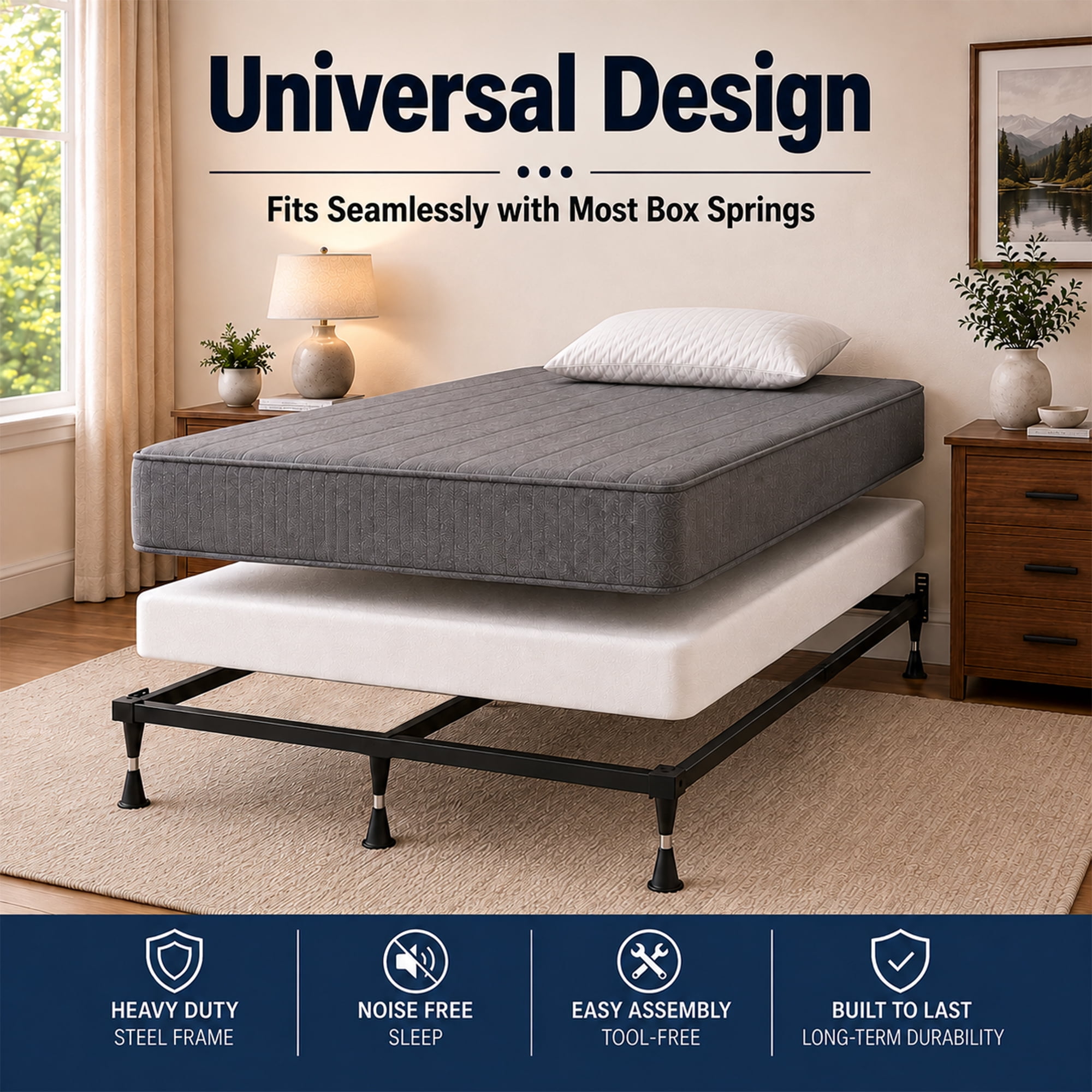 Continental Sleep, Advanced Metal Bed Frame for Box Spring and Mattress, Iron Center Support, Headboard Attachable, Noise-Free, Tool-Free Easy Assembly, 6-Legs Support, King, Black