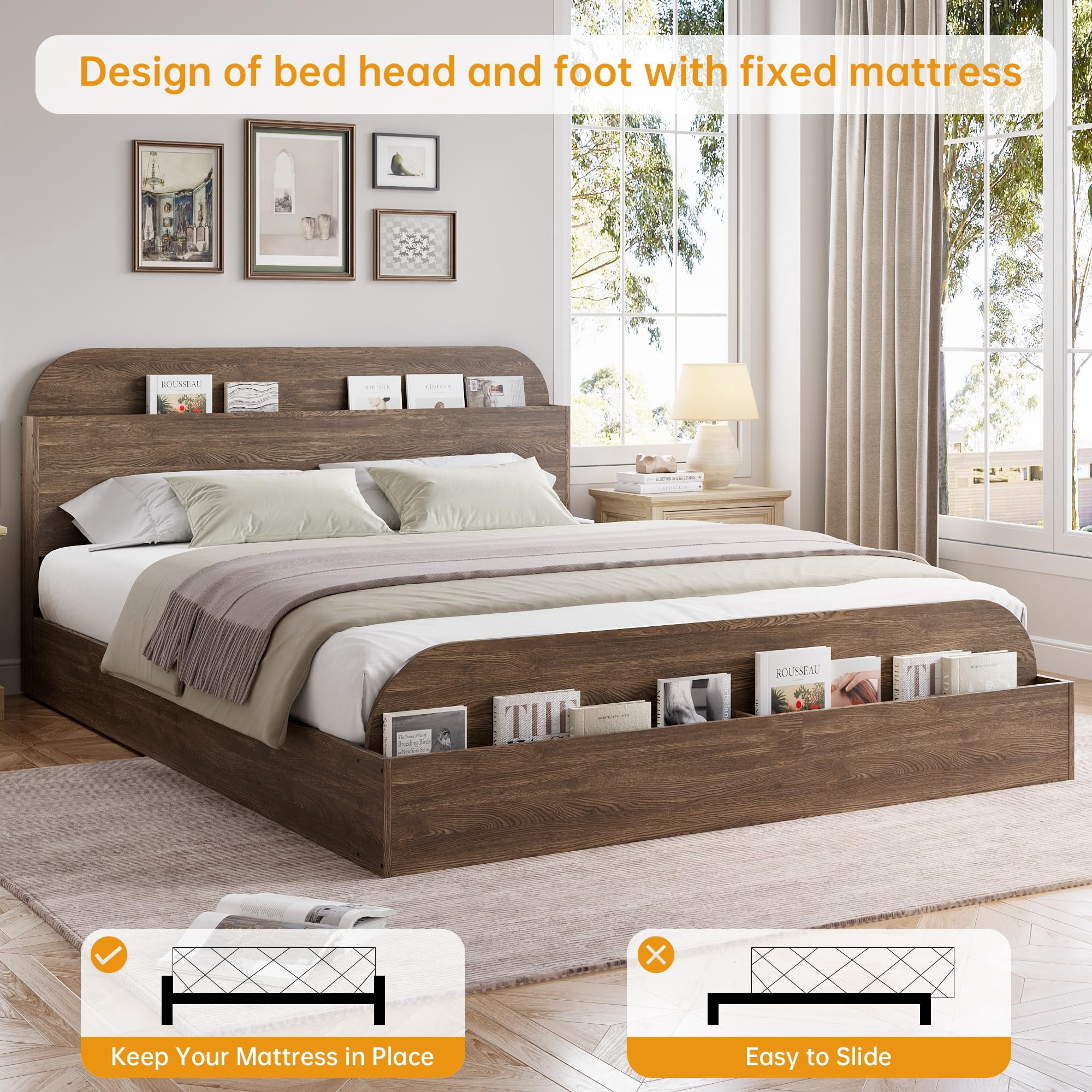 Kicctian Full Size Wooden Platform Bed Frame with Storage Headboard & Footboard – Sturdy Slats, No Box Spring Needed , Brown