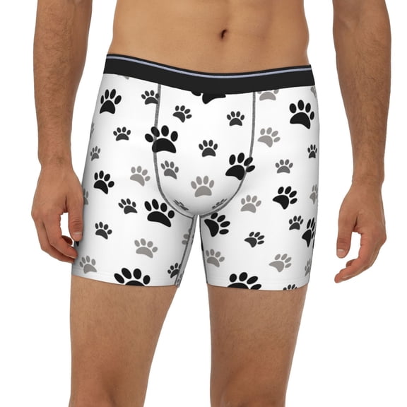 Mens Extended Length Boxer Briefs - Cute Paw Prints Black Grey Underwear Boxer Briefs with Elastic Band