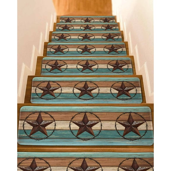 Teal Brown Blue Stair Treads for Wooden Steps Indoor Runner Rug Carpet, Vintage Country Barn Star Wooden Grain 7 Pieces Peel and Stick Staircase Step Treads Covers Washable Throw Door Mats, 30"x8"