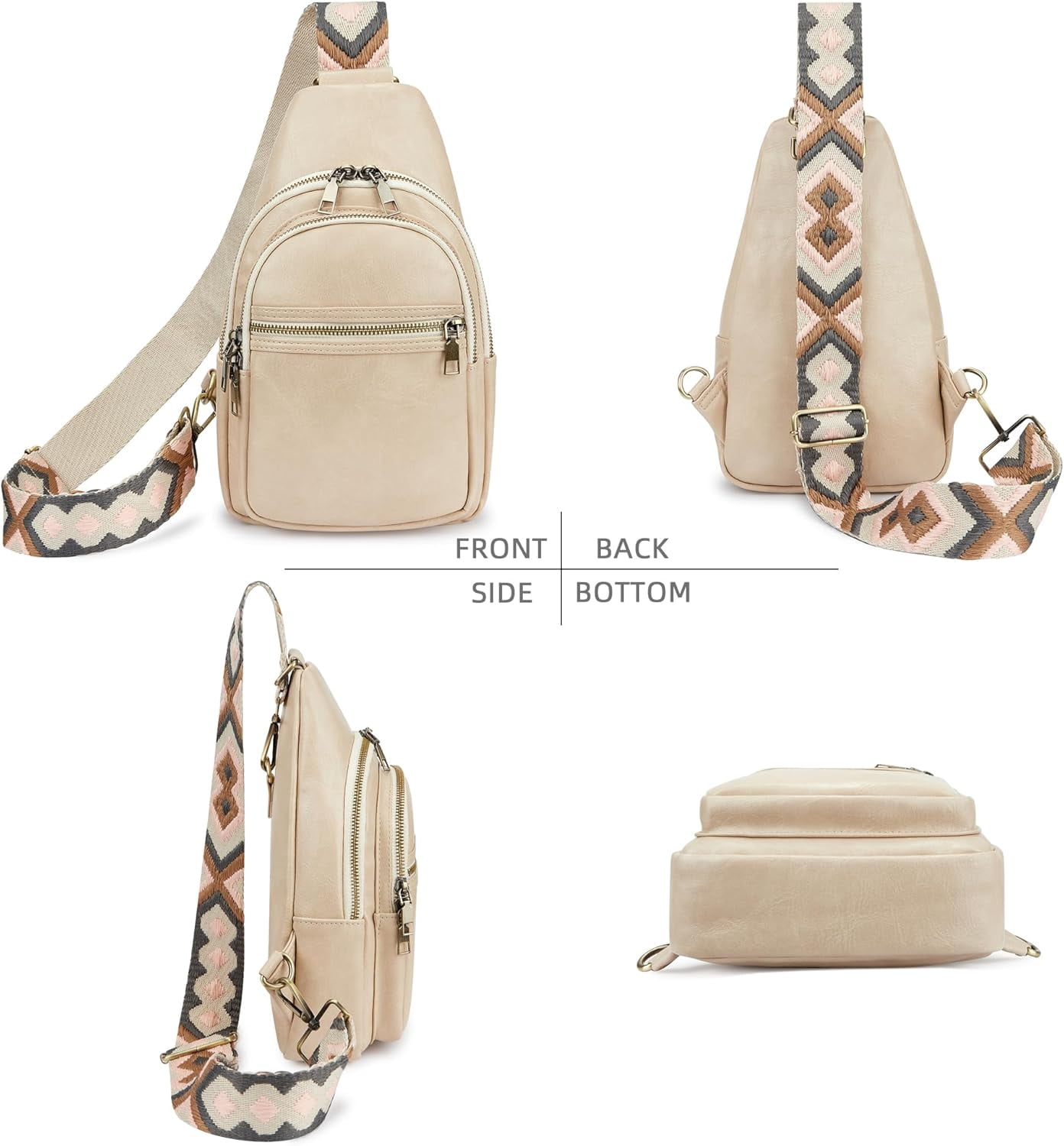 Women's Vegan Leather Sling Bag Packs Small Zipper Crossbody Chest Backpacks, Beige