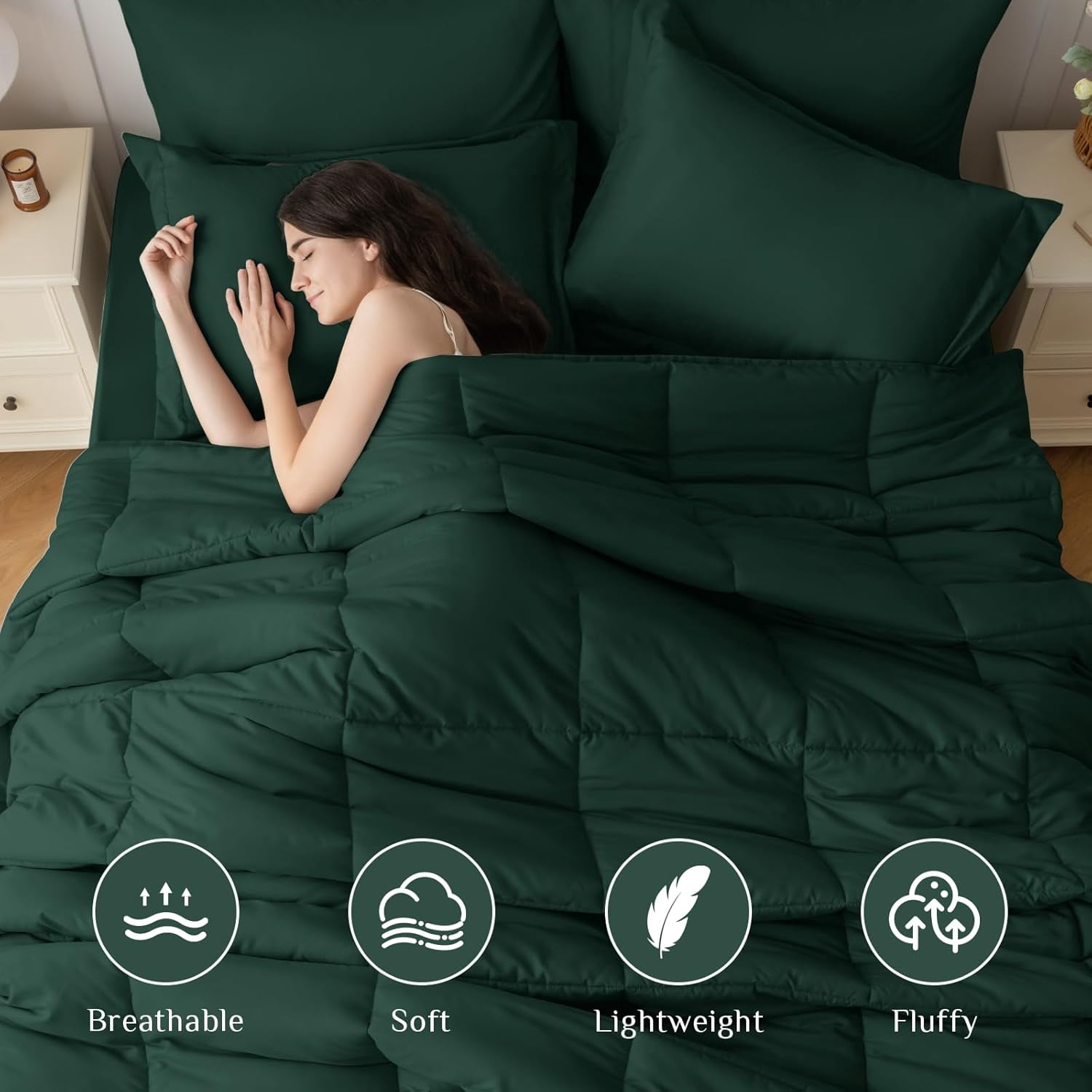 Cooling Comforter Twin Size, Down Alternative Duvet Insert with Corner Tabs, All Season Soft Quilted Bed Comforter, Lightweight Bedding for Women & Men, Dark Green