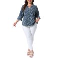 thumbnail image 2 of Agnes Orinda Women's Plus Size Pleated V Neck 3/4 Sleeves Floral Blouse 4X Dark Blue, 2 of 6