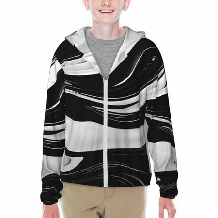 Gaeub Abstract Black White Swirls Printed Sun Protection Hoodie Sun Protection Jacket Kids UPF 50+ Rash Guard Long Sleeve Zip Up Sun Protection Rashguard-X-Large