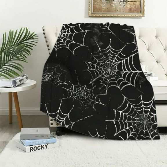 JRXY Spider Web Throw Blanket Gothic Black Blanket Skeleton Blanket Witch Blanket for Skull Bedding Goth Bedding Haunted Mansion Couch Sofa Bed Chair Use White