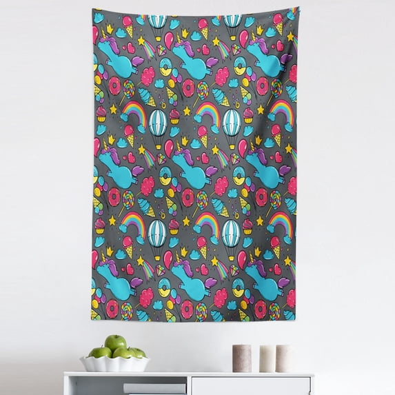 Unicorn Tapestry, Dreamy Unicorns Rainbows Clouds Hot Air Balloons Cotton Candy Fantasy Cartoon, Fabric Wall Hanging Decor for Bedroom Living Room Dorm, 5 Sizes, Multicolor, by Ambesonne