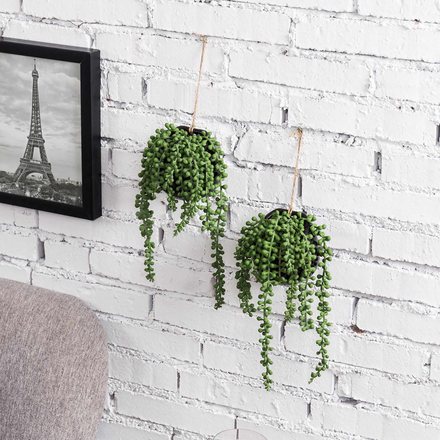 MyGift 10-inch Wall-Mounted Artificial String of Pearls Plants in Black Ceramic Planters, Set of 2 - image 3 of 3