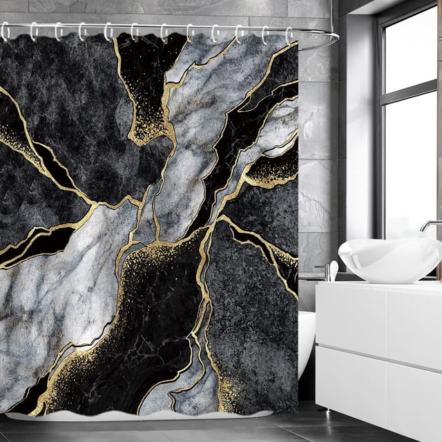 Cortina de ducha negra de mármol, cortina de ducha abstracta, juego de cortinas de ducha de mármol negro con 12 ganchos, decoración de baño en negro, gris y dorado, 182 cm de ancho x 182 cm de alto