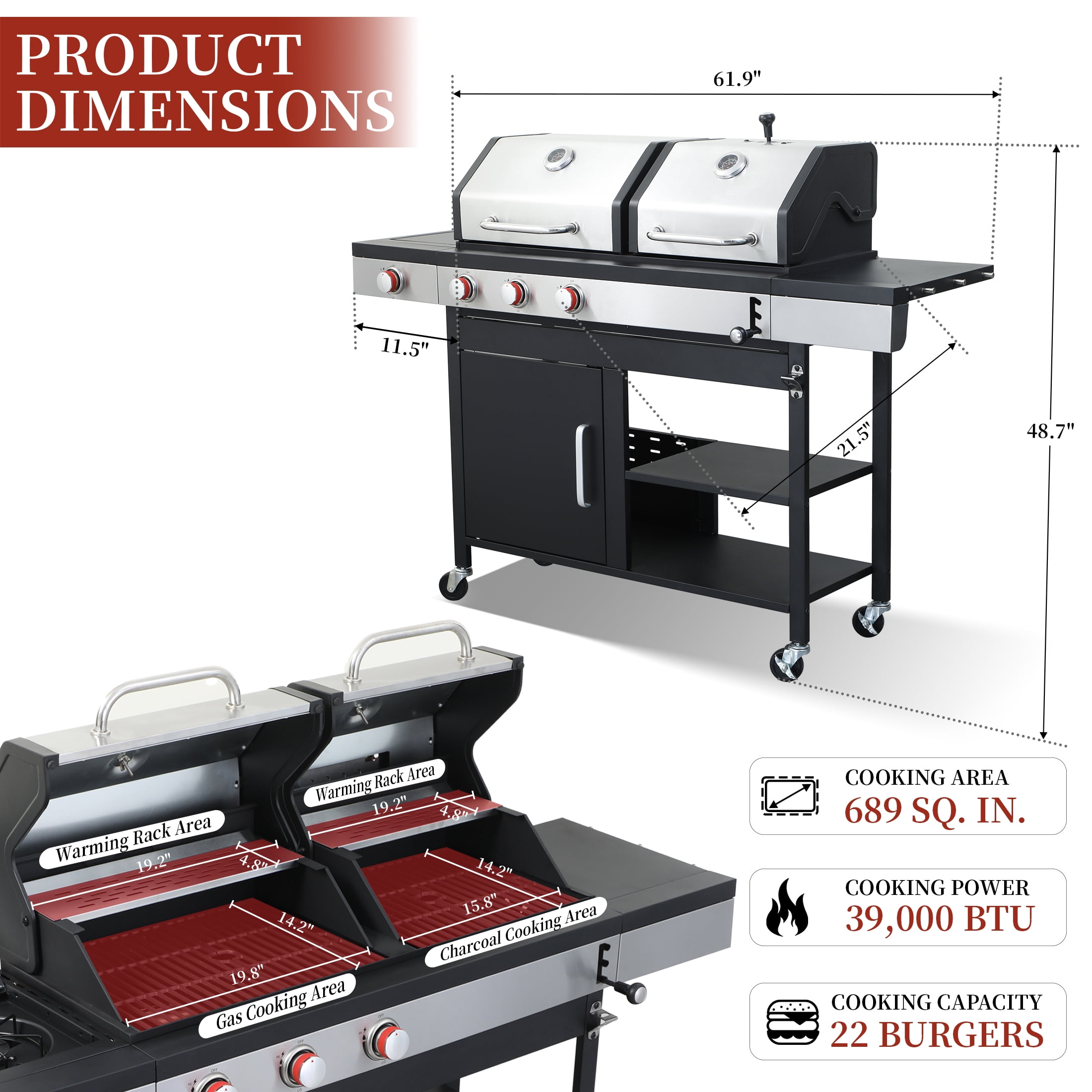 CIG GARDEN 3 Burner Propane Gas and Charcoal Grill Combo with Side Burner,41,500 BTU Dual Fuel Bbq with Dual Lids for Outdoor Barbecue