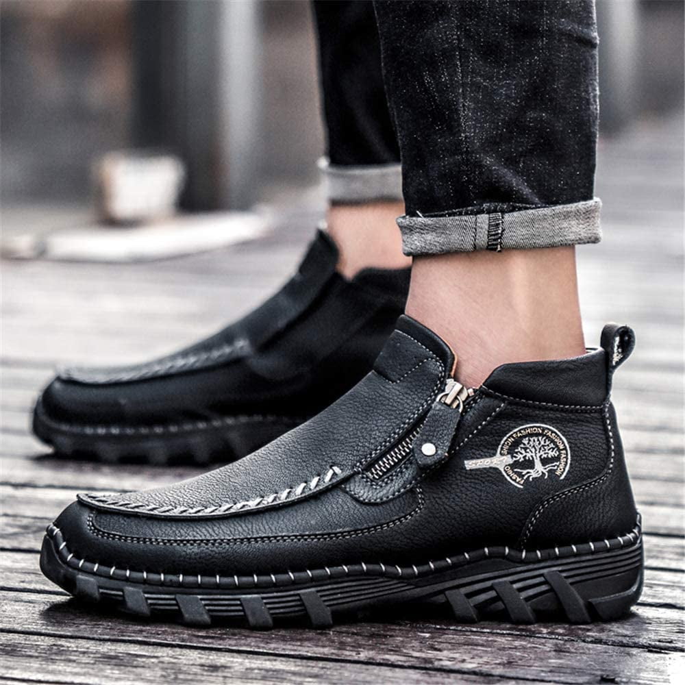 Govicta Leather Ankle Boots Hand Stitching Casual Loafers Boots for Men Slip On Driving Shoes Side Zipper Non Slip Comfy Brown Black Green Khaki Regular Plus Velvet Size 6.5 12 Walmart