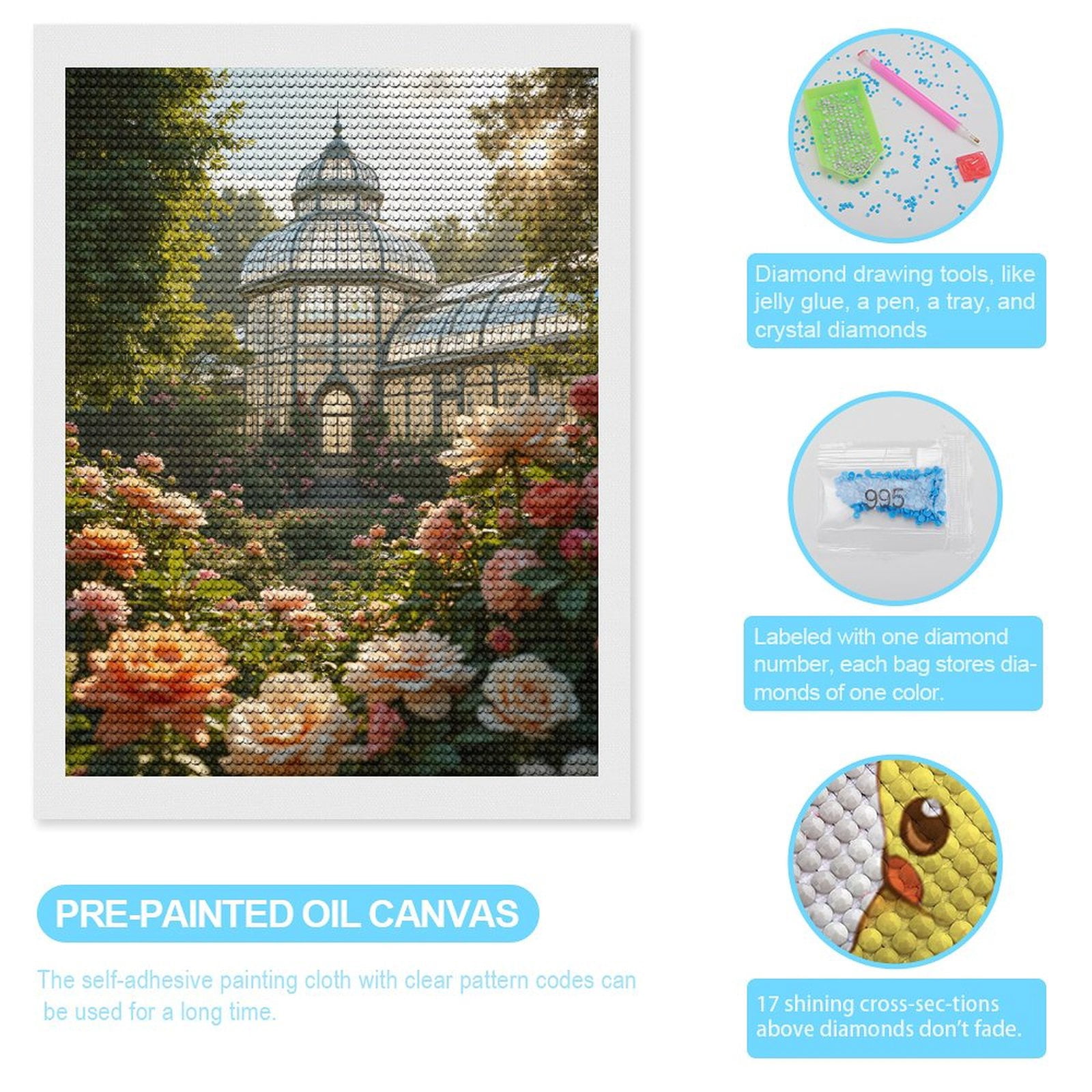 Diamond Art Kits for Adults, Victorian Glasshouse Rose Garden 5D Diamond Painting Kits for Adults Beginners, DIY Full Drill Diamond Painting, Gem Art and Crafts 12x16