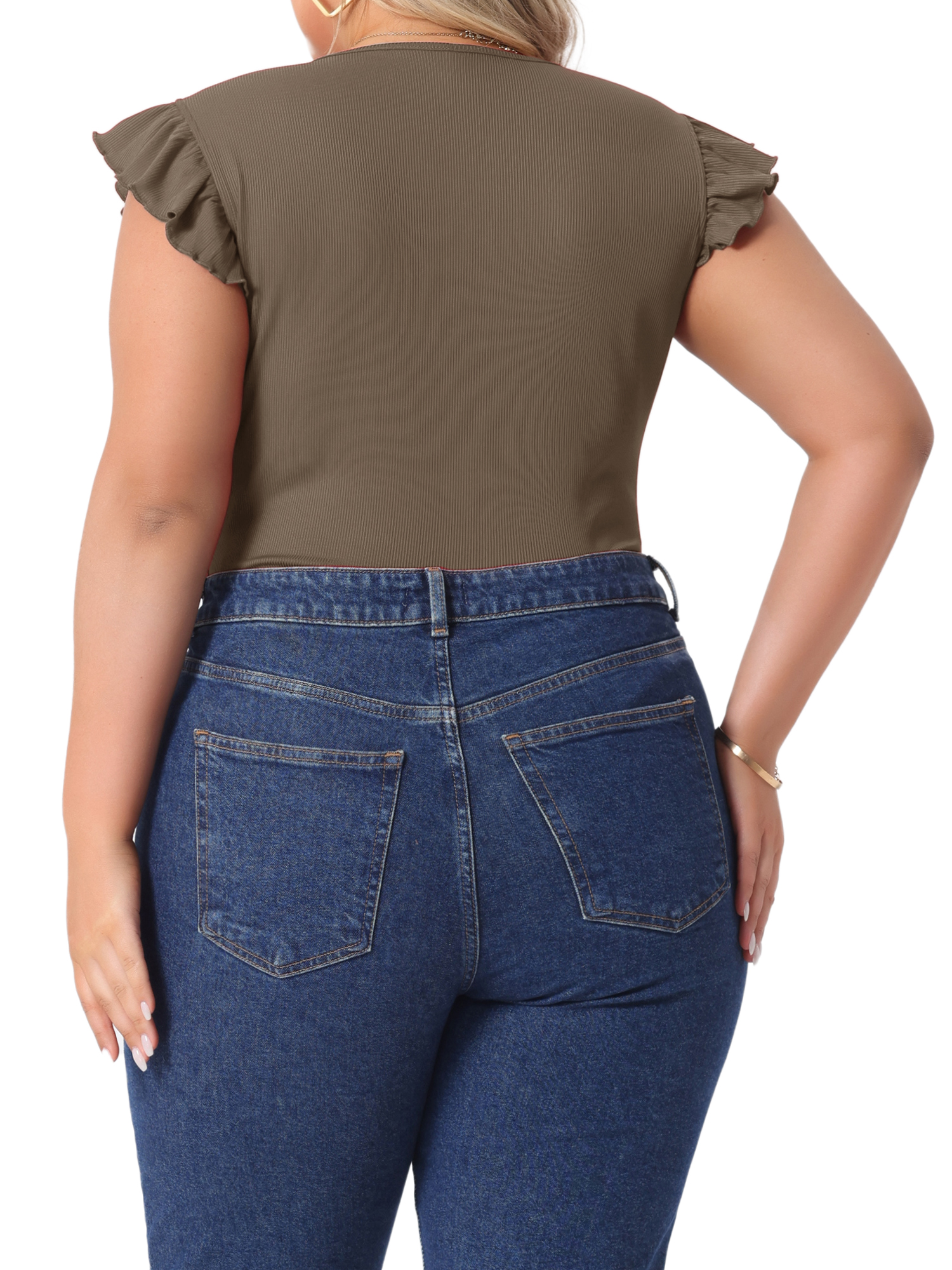 DARING DIVA Women's Plus Ruffle Sleeveless Slim Fit Stretchy Bodysuit 1X Light Brown