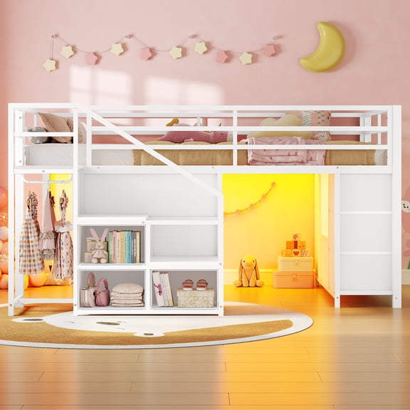 Plonmago Loft Bed With Led Lights, Twin Size Low Loft Bed With 7 Storage Drawers,3 Open Cubbies,Handy Clothes Rail, Twin Loft Bed With Guardrail & Stairs, Under-bed Play Area,White