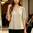 thumbnail image 5 of Vivianyo HD Women's Crew Neck Textured Blouse, Puff Short Sleeve Solid Loose Casual Summer Shirts for Women, Women's Khaki, Sizes S-2XL, 5 of 5