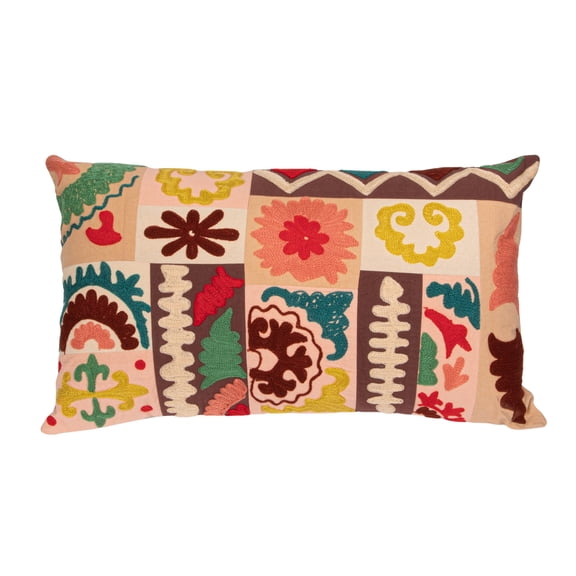 Creative Co-Op Cotton Embroidered Patchwork Lumbar Pillow with Chambray Back, Multicolor