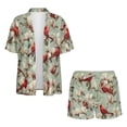 thumbnail image 4 of Xoenoiee Cardinal Flower Print Women's Hawaiian Beach Outfit 2 Piece Short Sleeve Swim Cover Up Shorts Set Summer Open Front Kimono Cardigan Vacation Beachwear, S, 4 of 7