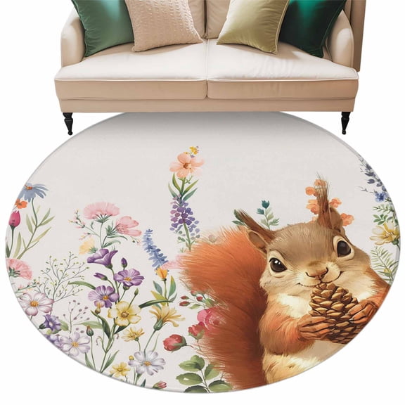 Cute Squirrel Washable Area Rug 6 ft Vintage Purple Pink Flower Leaf Pine Cone Soft Round Rugs for Living Room, Non Slip Carpet for Bedroom Entryway Dining Room