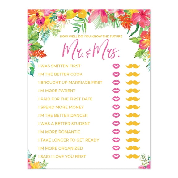 Tropical Floral Garden Party Wedding, How Well Do You Know the Future Mr. & Mrs. He Said She Said Game Cards, 20-Pack