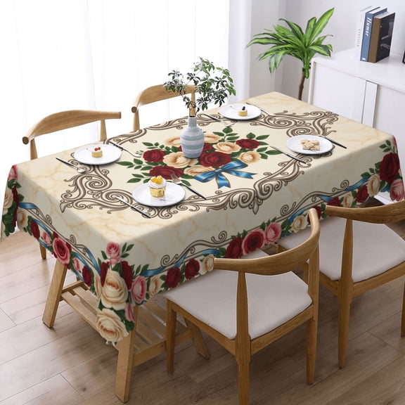 Vintage Floral Bouquet With Ornate Rectangle Tablecloth Waterproof Table Cloth Stain and Wrinkle Resistant Washable, Decorative Fabric Table Cover for Dining, Party and Camping