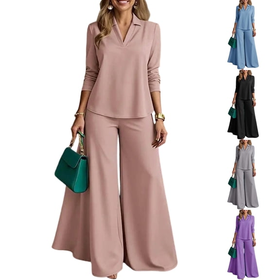 Women’s Office 2 Piece Set, V Neck Long Sleeve Top and Wide Leg Pants Elegant Outfit