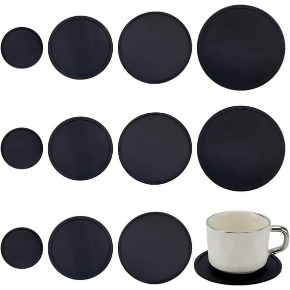 12 Pcs Black Silicone Cup Mats 4 Sizes Flat Round Silicone Coasters for DIY Drinks Washable Anti-Slip Insulated Coasters Mug Holder Cup Organizer for DIY Coffee Table Wooden Desk Kitchen Bar