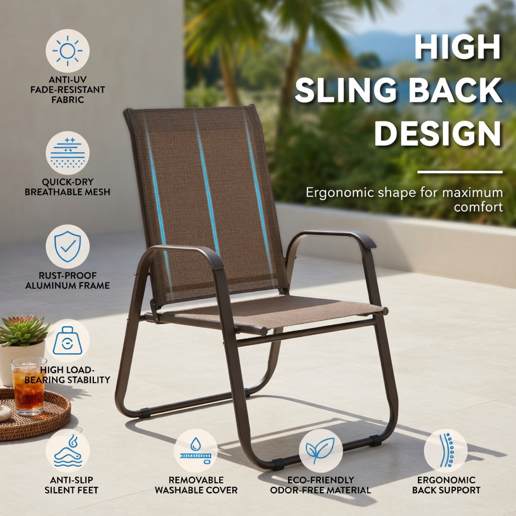 Hommoo 2-Pack Outdoor Patio Dining Chairs with Armrests, Heavy-Duty Steel Frame, Breathable Fabric, Indoor/Outdoor Use, Brown