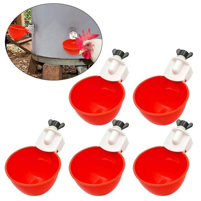Gobelets d'Abreuvoir Automatiques pour Volaille - Lot de 5 Bols à Boire Rouges/bleus en PP&ABS avec Noix Étanches, Kit d'Abreuvoir DIY pour Poulets, Canards, Oies, Dindes, Lapins - Alimentés par Gravité, Anti-Renversement, Facile