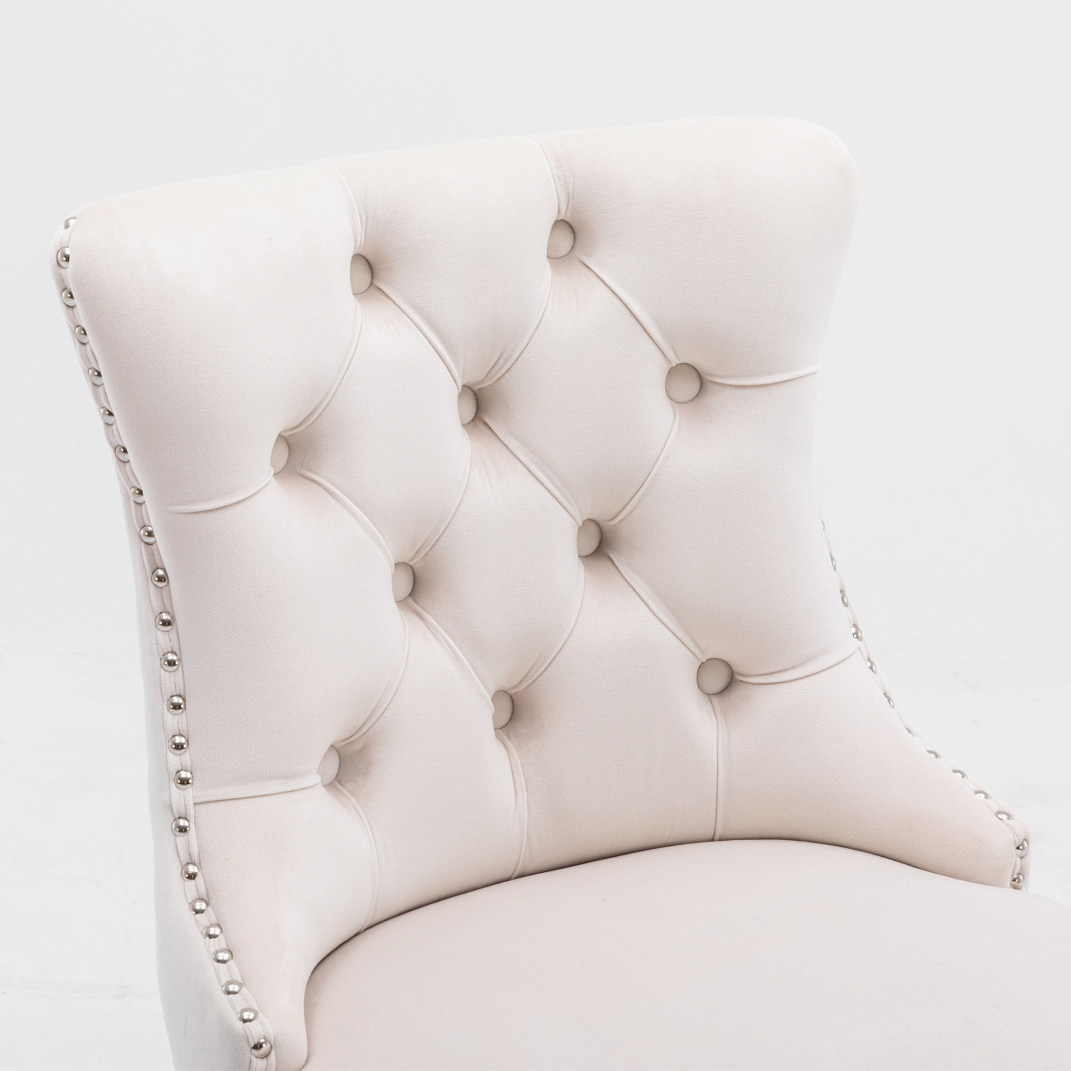 Button Tufted Upholstered Velvet Bar Stools with High Backrest, Solid Wood Legs, and Rivet Detailing, Beige, Set of 2