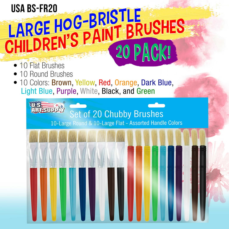 US Art Supply 20 Piece Large Round and Large Flat Hog Bristle Children's Tempera Paint Brushes
