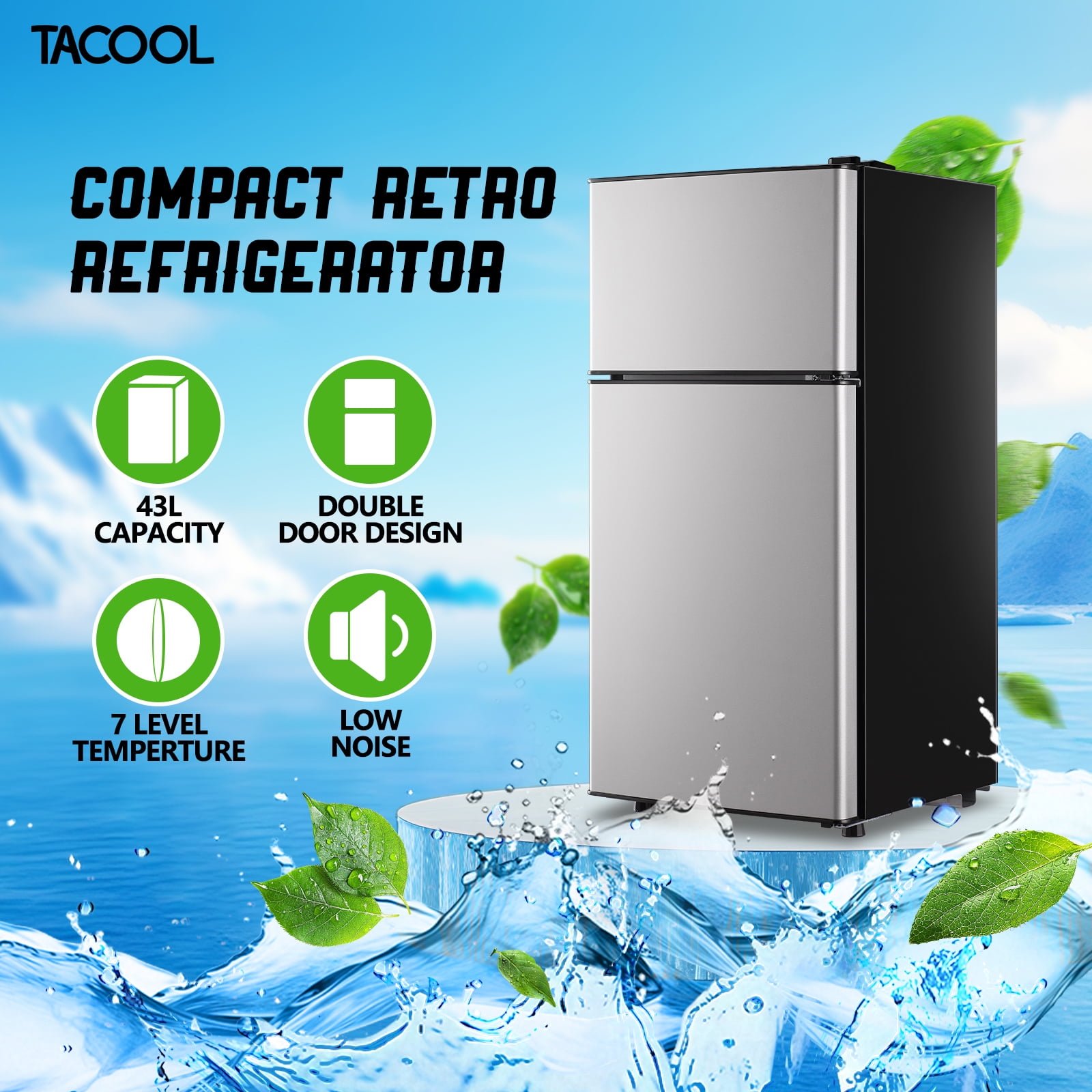 TACOOL Mini Refrigerator with Top Freezer 43 Liter Dual Door Small Refrigerator with 7-Level Adjustable Thermostat for Office, Silver
