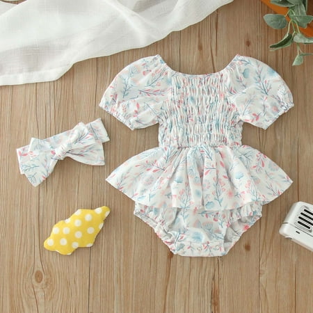 

Baby Girls Bodysuits Short Sleeve Floral Printed Romper Jumpsuits Headbands Set