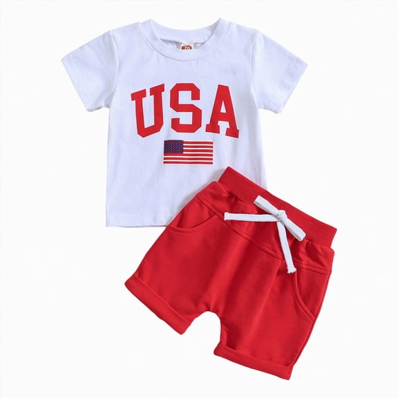 Duqingm Baby Boy 4th of July Outfit USA Letter Print Short Sleeve T-Shirt Stripe Star Shorts Set Patriotic Summer Clothes White,12-18 Months