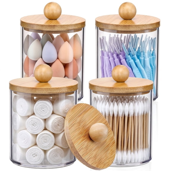 10 oz Clear Plastic Apothecary Jars with Bamboo Lids, 4 Pack Qtip Holder Dispenser, BPA Free Vanity Makeup Bathroom Storage Organizer for Cotton Swabs, Pads and Floss