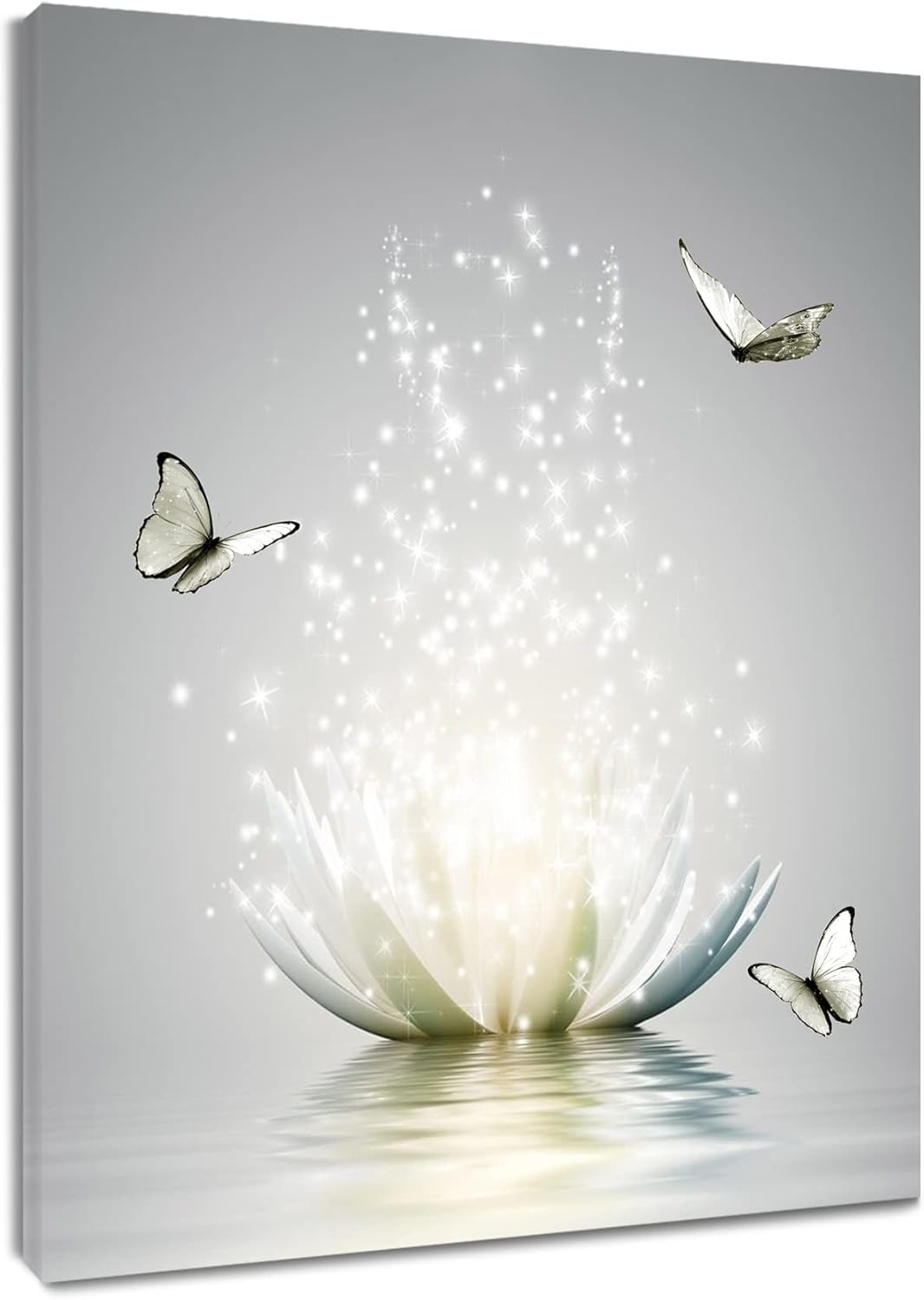 Modern Grey Zen Wall Art for Bathroom Retro Butterfly and White Floral Bloom in Water Abstract Canvas Wall Art Wall Paintings Spa Wall Pictures for Living Room Bedroom Office Ready To Hang,12x16 Inch