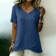 thumbnail image 4 of Craaazy Women's Lightweight Relaxed Fit V Neck Blouse, Solid Color Short Sleeve Cotton Linen Top, Comfy Asymmetric Hem Button Accent Tee for Work & Weekend Gifts, 4 of 9