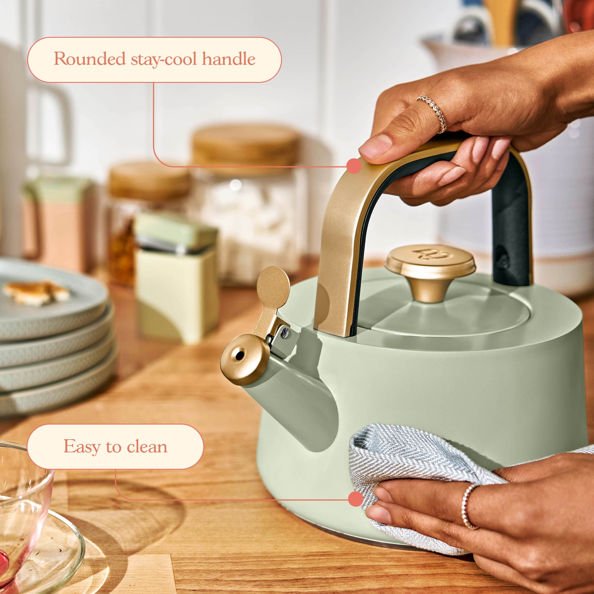 Beautiful 1.8L Ceramic Non-Stick Stovetop Tea Kettle, Sage Green by Drew Barrymore