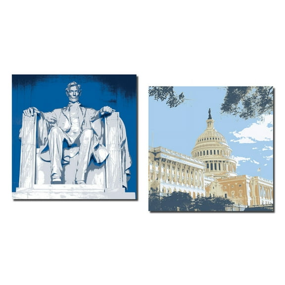 Popular Washington DC Landmarks; Lincoln Monument and US Capital; Two 12x12in Poster Prints