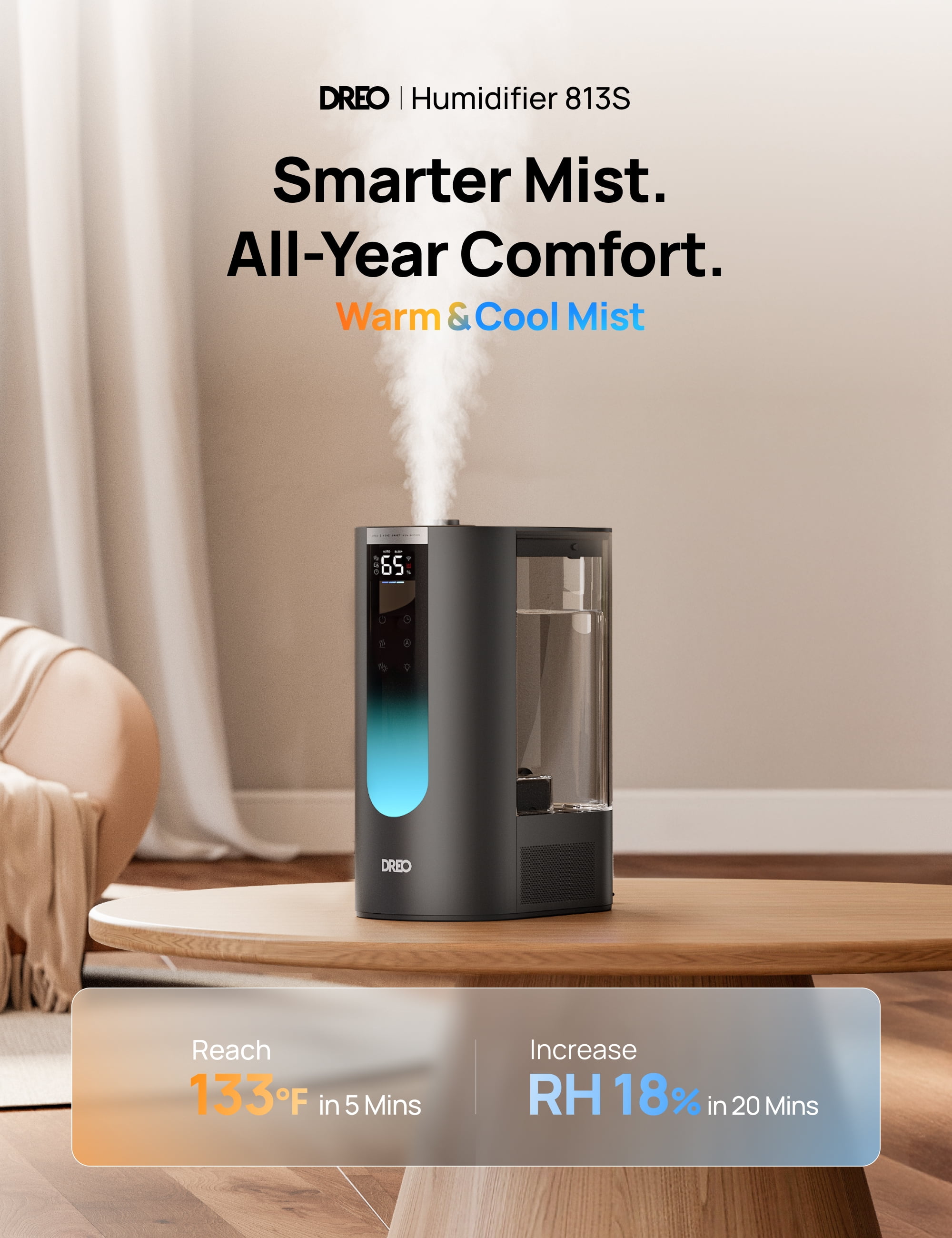 DREO Smart Humidifier Cool/Warm Mist, 1.6 Gallon, 60-Hour Runtime, Fast Warm Mist, Accurate Humidity Sensor, Black