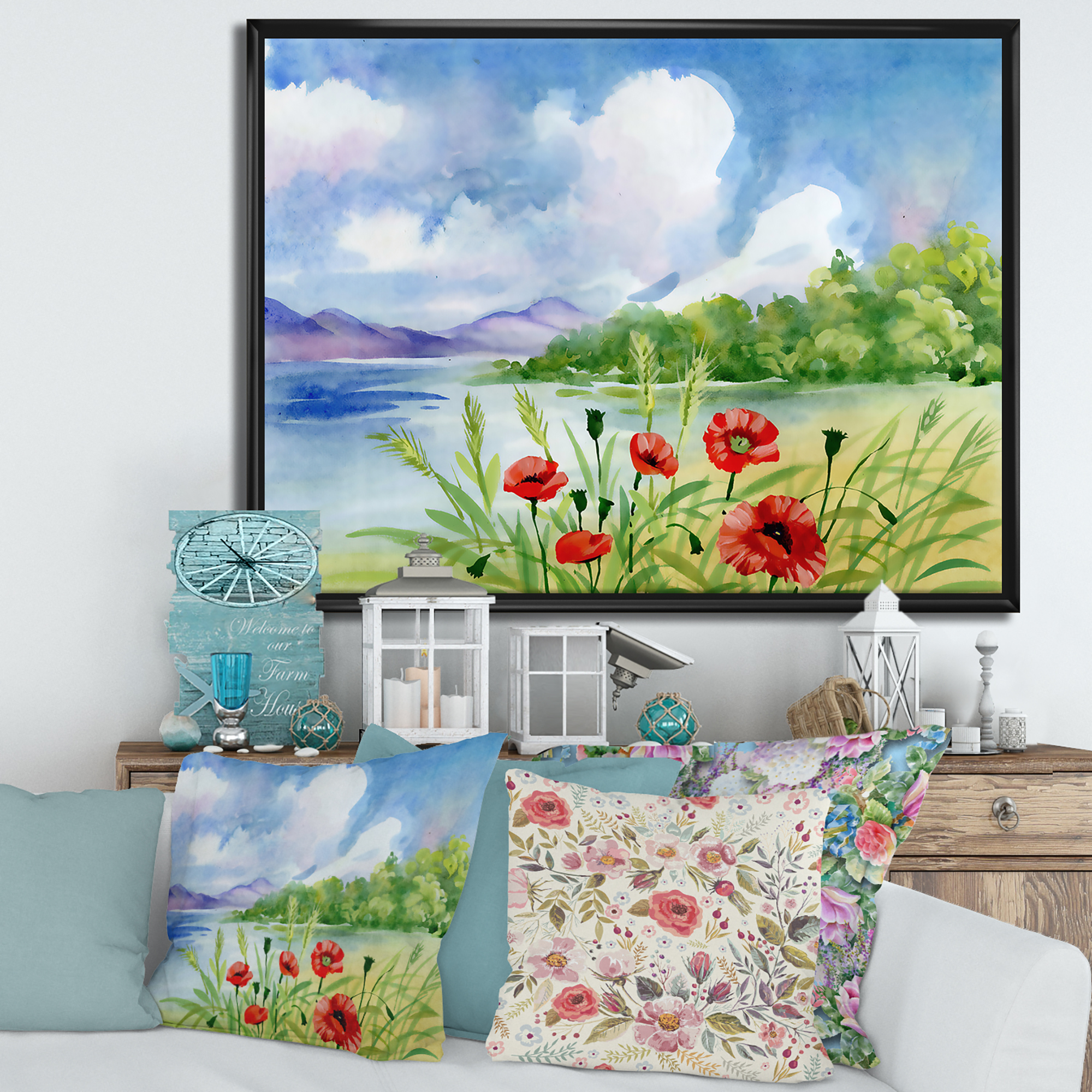 Designart 'Red Tulips On The Bank Near A River Mountain' Lake House Framed Canvas Wall Art Print