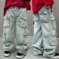 thumbnail image 4 of Purcolt Boys' Jeans Trendy Casual Elasitc Waisted Wide Leg Denim Pants Y2K Vintage Hip Hop Loose Fit Baggy Pants Streetwear Trousers with Pockets for 4-15 Years, 4 of 9