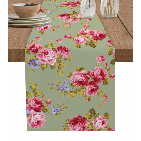 Table Runner Dresser Scarves 60 Inch Long,Vintage Blossom Flower on Sage Green Linen Dining Table Runners Watercolor Floral Leaves Tabletop Scarf for Wedding Holiday Party Kitchen