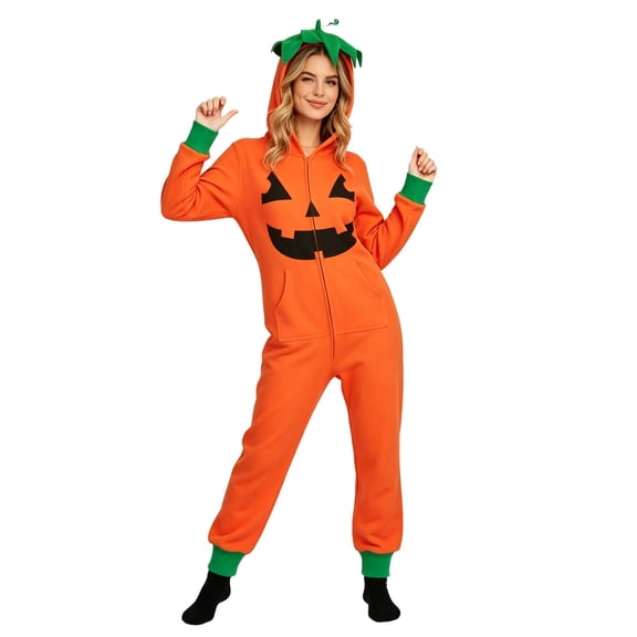 BOOMNY Halloween Womens Flannel Onesie Pajamas Hallowmas Pumpkin Face Graphic Long Sleeve Hooded Pjs Jumpsuit for Women Cozy Warm Loungewear Homewear