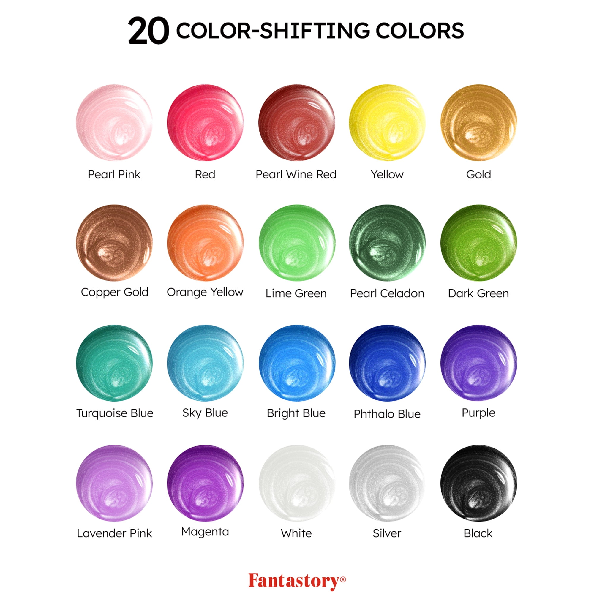 Fantastory Acrylic Paint Set, 20 Metallic Colors, 2 oz, 12 Brushes
