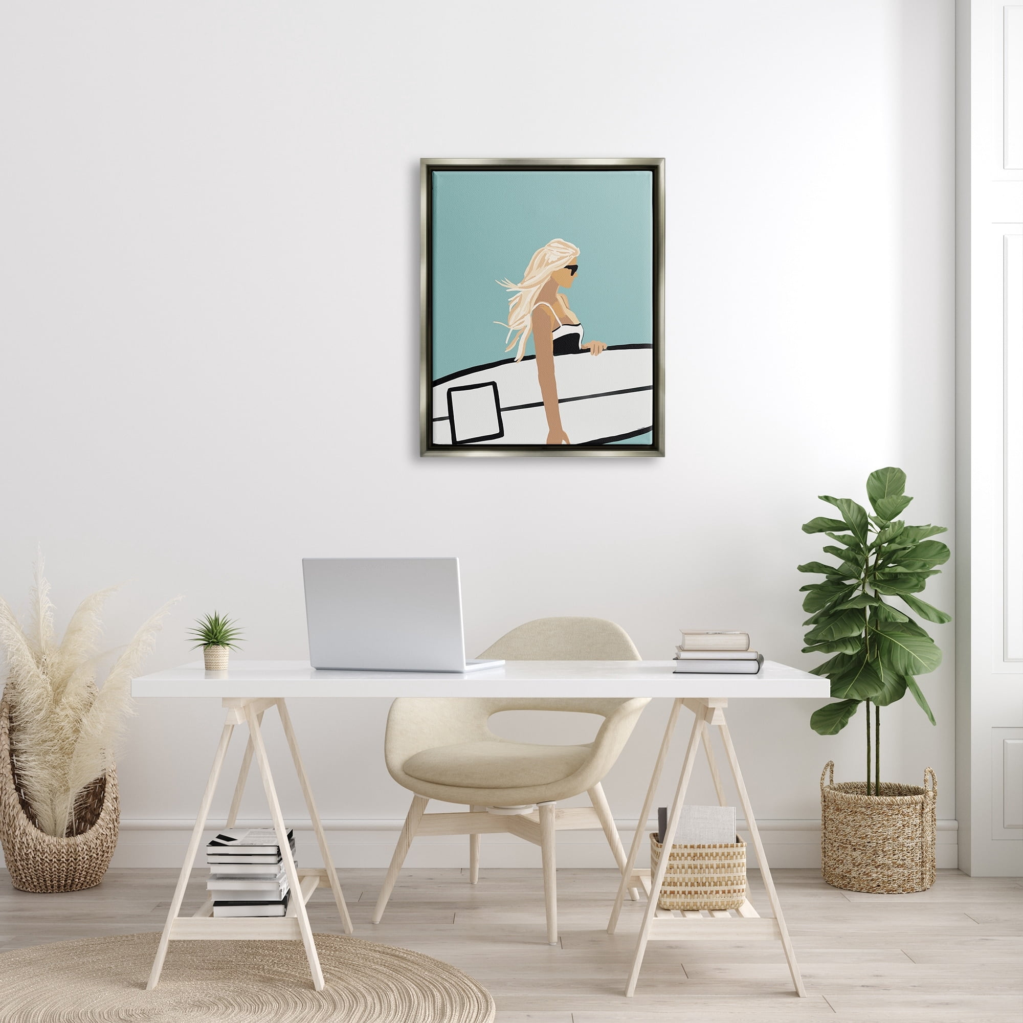 Stupell Industries Woman Carrying Surf Board Windblown Beach Hair Graphic Art Luster Gray Floating Framed Canvas Print Wall Art, Design by Amelia Noyes