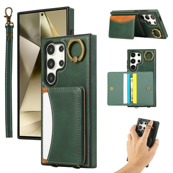 for Samsung Galaxy S23 Ultra Wallet Case with Card Slots, Hand Wrist Strap Rotate Ring Design, Finger Grip Ring PU Leather Magnetic Button Shockproof Purse Phone Cover for Galaxy S23 Ultra, Green