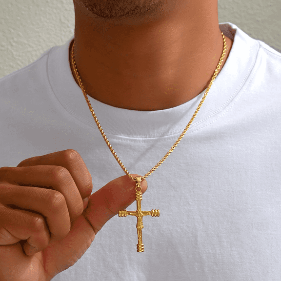 Luxury 14K Yellow Gold Men's and Women's Cross Pendant Necklace Spiral Cross