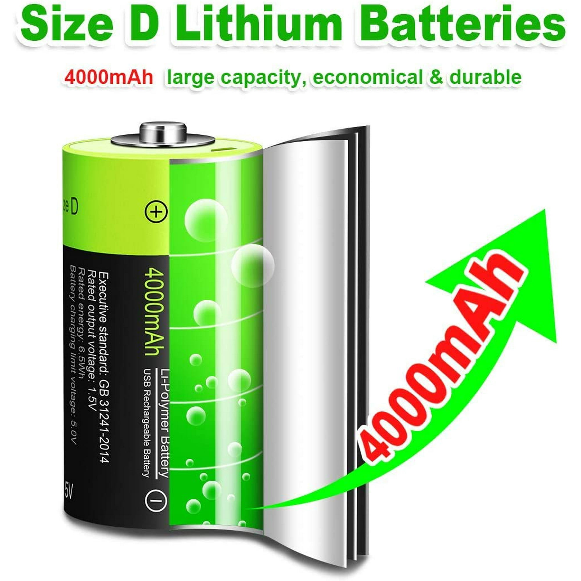 Xycca Usb Rechargeable Lithium D Batteries 1.5v 4000mah 2 Pack Alkaline Batteries Eco Friendly Recyclable No Memory Effect St 001