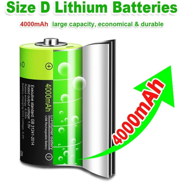 SAYDY Batteries Rechargeables au Lithium D USB - 1.5V / 4000mAh (2-Pack) -  Piles Alcalines - Écologiques et Recyclables - Sans Effet Mémoire ST-1001 
